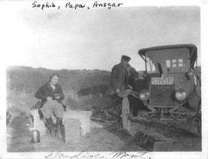 Sophie, Edward and Ansgar with car in Glendive, MT which is present day Interstate 40.  It is about 30 miles west of the ND border.