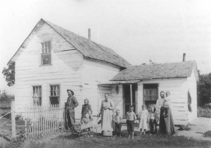 From left to right: Edward Gulleson (father) Gudrun, Sophia (in buggy), Anna Gulleson (mother), Ansgar Gulleson, Thoralf Gulleson, (Peterson cousins: Marie, Sigurd, Henriette, Hohn.  Mrs. Peterson is the sister of Anna Gulleson)