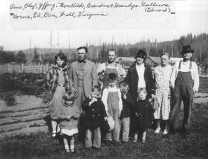 1929 - Annie, Olaf, Jeffery Gulleson, Mom Kilde, Grandma dan Grandpa Gulleson; Norma, Ed, Don, Will, Virginia (This photo was probably taken in Satsop. Jeffery has on his work clothes)