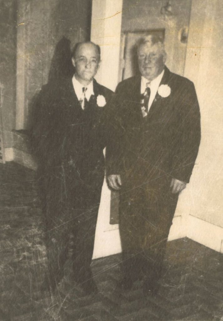 Jeffery Gulleson and Ed Lynn (The father of Bob Lynn) at the wedding of his son Bob and Georgienne. Their wedding was held at the Satsop Grange Hall in 1953. Georgienne would have been 15. Bob grew up in Brady and had served with the US Army in Korea.